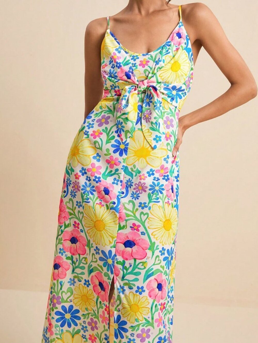 Wander Blue Boho Women's Deep V-Neck Tie Front Printed Cami Maxi Dress